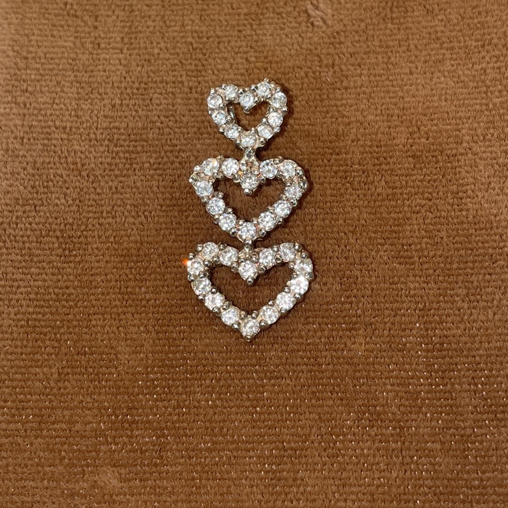 Sterling Silver 925 Triple 3 Hearts Pendant Charm Faux Diamonds for Necklace